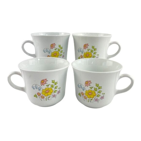 Corelle Coffee/Tea Cups Meadow Pattern Set of 4 White w Flowers - Picture 3 of 6